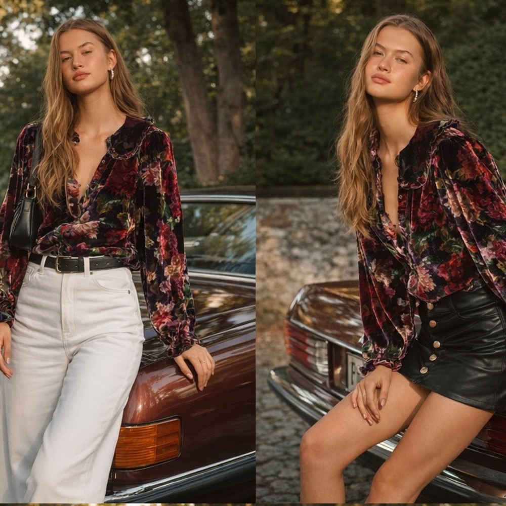 The Keira Collared Button-Front Blouse by Pilcro: Long-Sleeve Velvet Edition